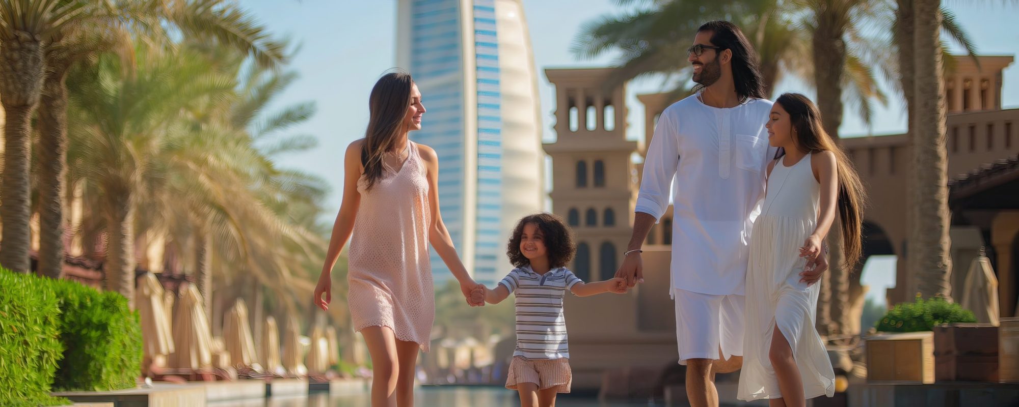 family-walks-front-swimming-pool-with-palm-trees-background